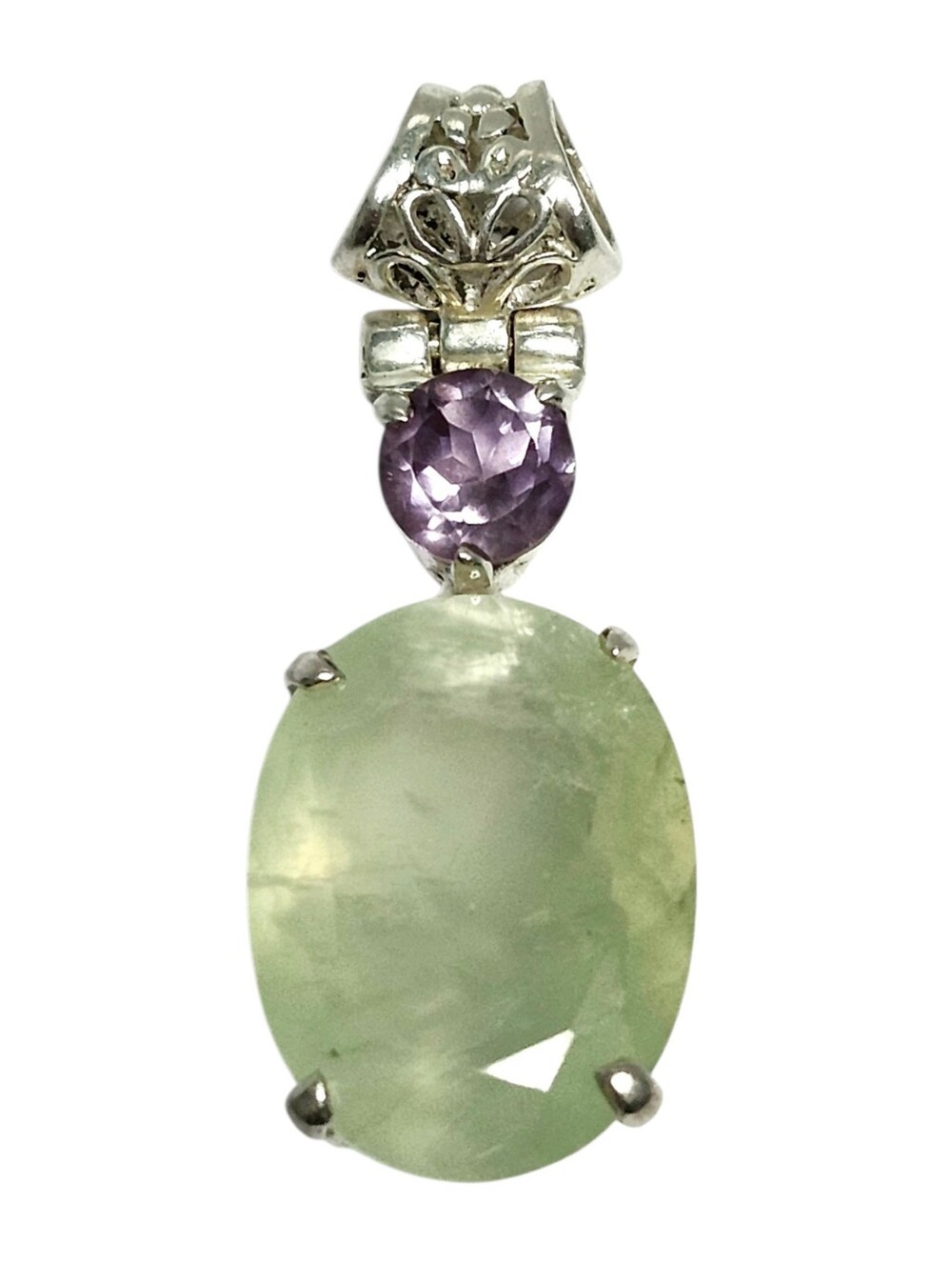 Silver Prehnite and Purple Amethyst Pendant 1.5"